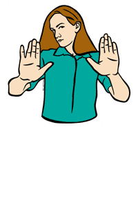 Woman with red hair wearing teal shirt, holding both hands up in a stop gesture.