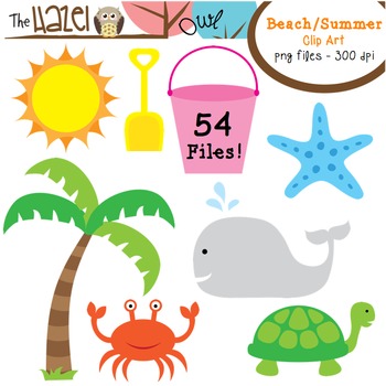 Colorful beach and summer-themed clip art collection including sun, palm tree, crab, turtle, whale, starfish, bucket, and shovel.