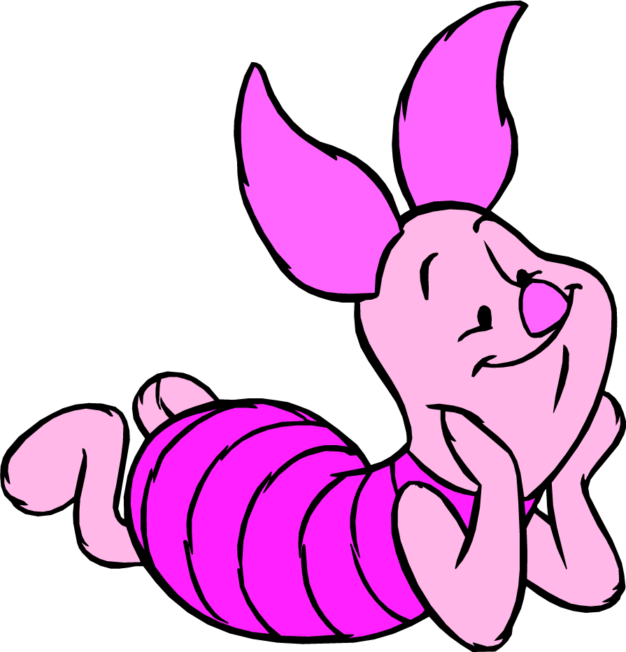 Pink cartoon pig lying on its side with striped body, smiling contentedly with hands under chin.