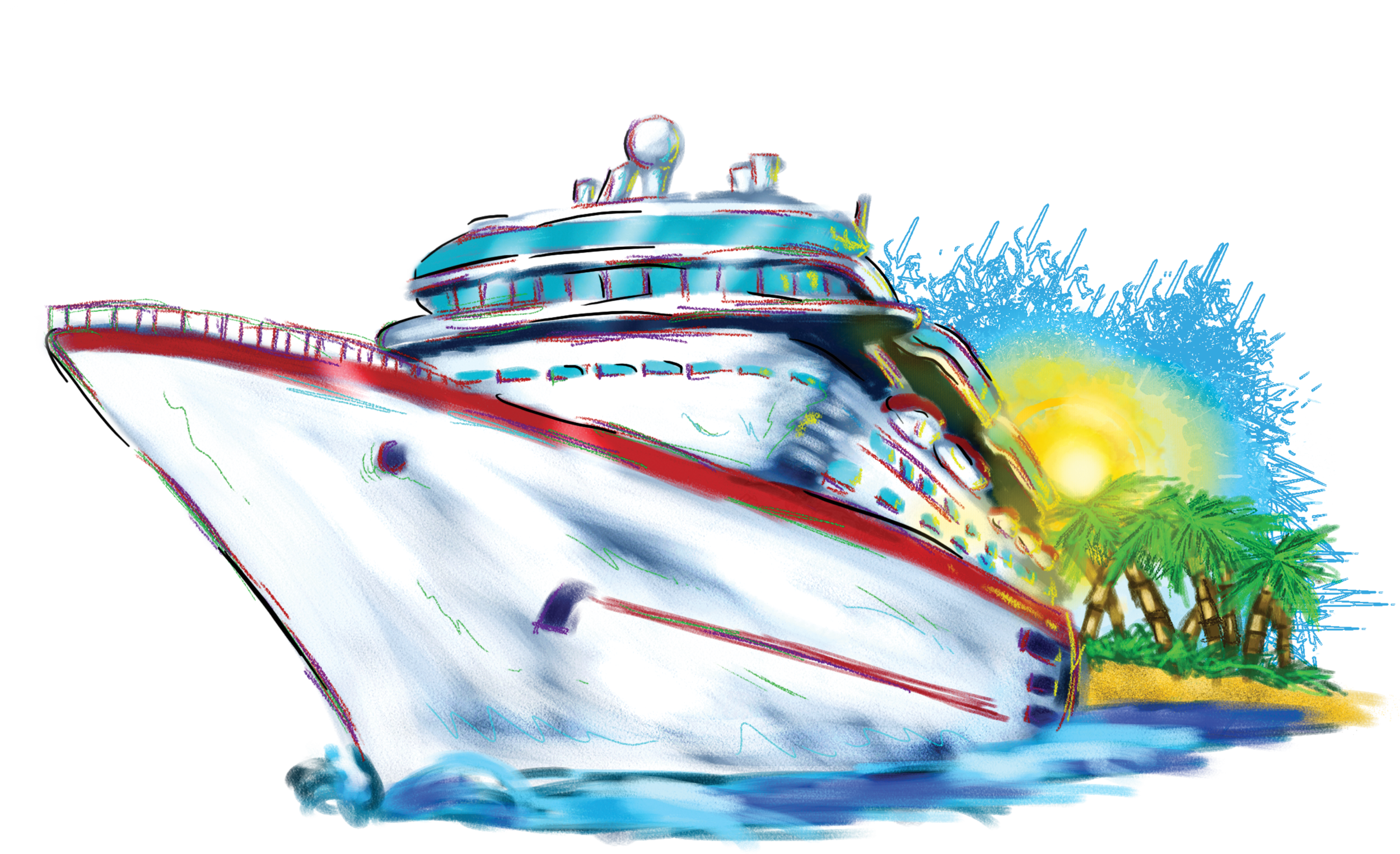Vibrant illustrated cruise ship sailing toward a tropical island with palm trees and sunset.
