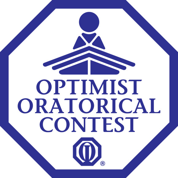 Blue octagonal badge for the Optimist Oratorical Contest featuring a speaker icon and logo.