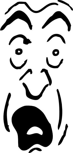 Black-and-white cartoon face with wide eyes, raised brows, and open mouth expressing shock or surprise.