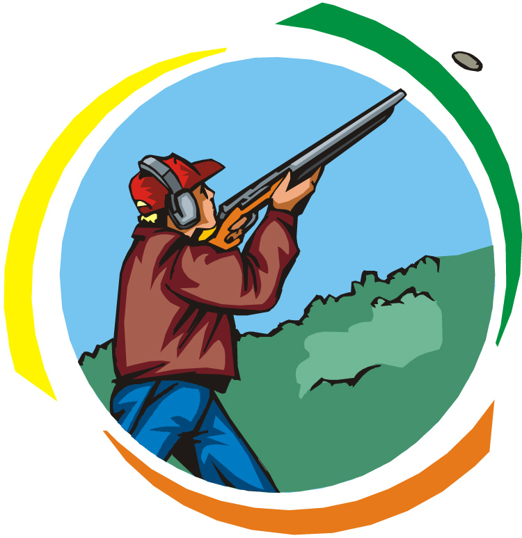 Hunter in red cap and ear protection aiming shotgun upward with clay target mid-air, set against green hills and blue sky.