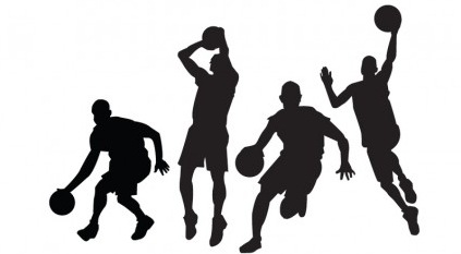 Four black silhouettes of basketball players in dynamic action poses-dribbling, shooting, and jumping-against a white background.