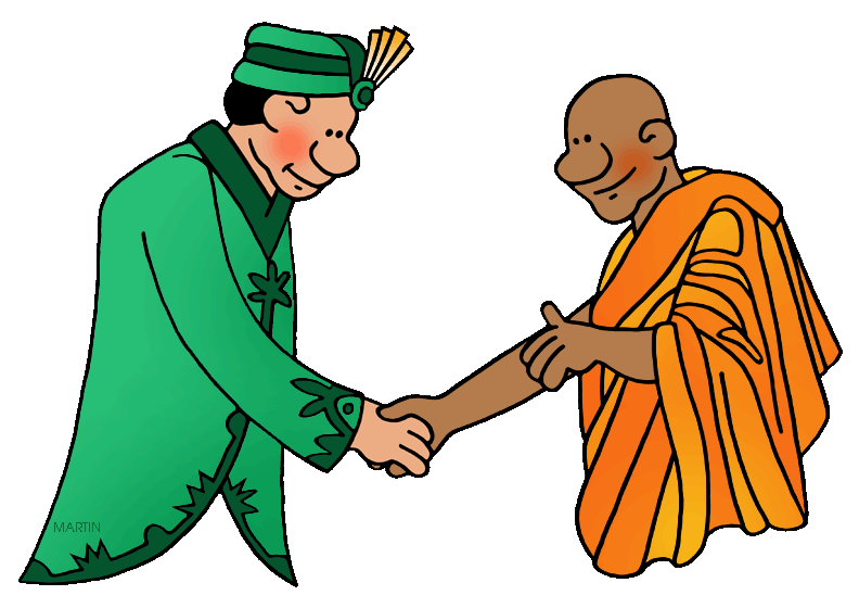 Two illustrated figures-a man in green traditional attire and a monk in orange robes-shaking hands warmly.
