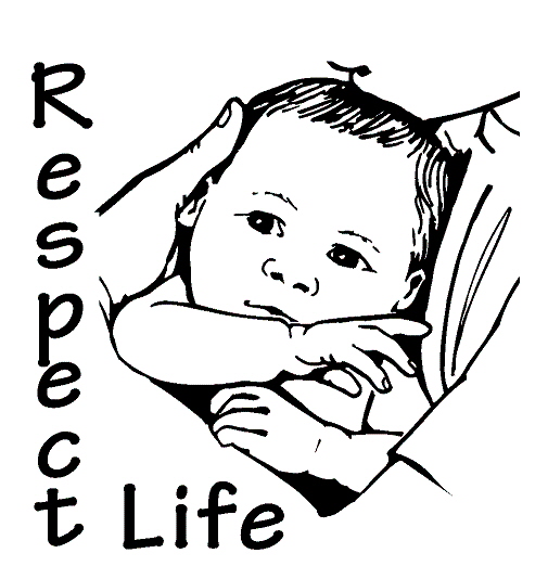Black-and-white illustration of a baby cradled in hands with "Respect Life" text beside it.