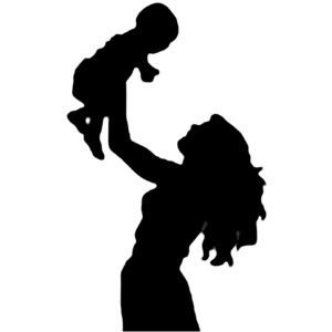 Silhouette of a mother joyfully lifting her baby into the air against a white background.