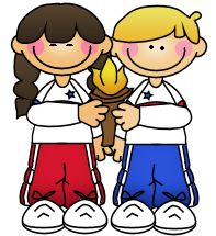 Two smiling cartoon children in athletic uniforms jointly holding a lit Olympic-style torch.