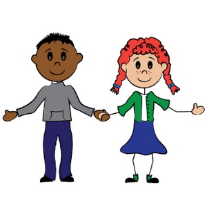 A smiling Black boy and a red-haired girl with pigtails hold hands in a friendly cartoon illustration.