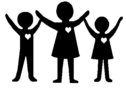 Silhouette of three joyful figures-two children and one adult-holding hands with heart symbols on their chests.