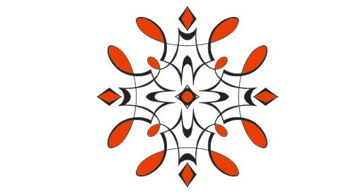 Symmetrical orange and black floral mandala pattern on white background