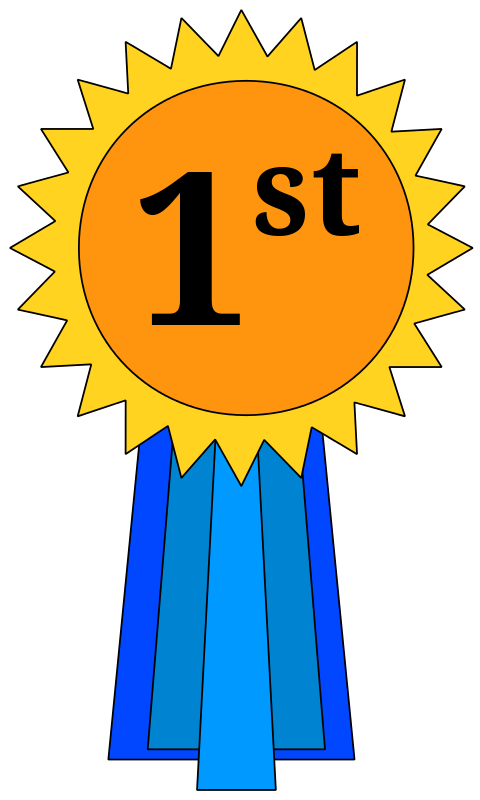 Bright yellow and orange first-place award ribbon with bold "1st" text and blue ribbons below.