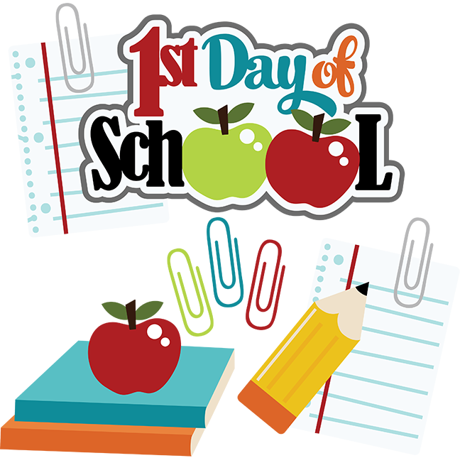 Colorful "1st Day of School" graphic with apples, pencil, and lined paper.