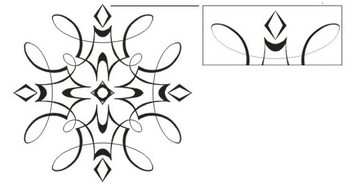 Black-and-white ornamental snowflake design with symmetrical floral and geometric motifs, including diamond accents and curved petal shapes.