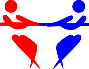 Red and blue stylized human figures holding hands, symbolizing partnership, unity, or collaboration.