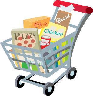 A cartoon shopping cart filled with groceries including pizza, chicken, soup, cheese, and bread.