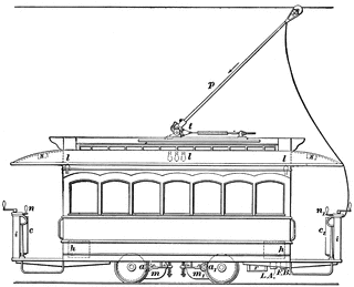 Technical line drawing of a vintage streetcar with overhead trolley pole and labeled components.