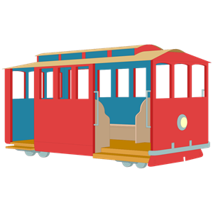 Red and blue vintage trolley car with open sides, wooden bench seats, and classic design elements.