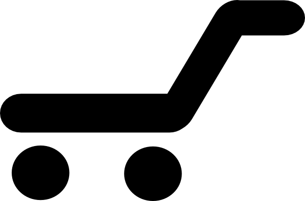 Black shopping cart icon on white background, representing e-commerce checkout or online shopping.