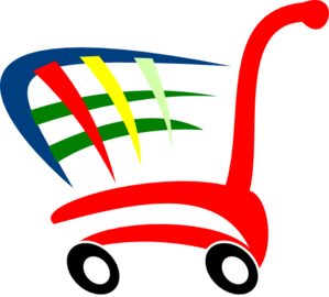 Red shopping cart icon with colorful abstract items inside, symbolizing online shopping or e-commerce.