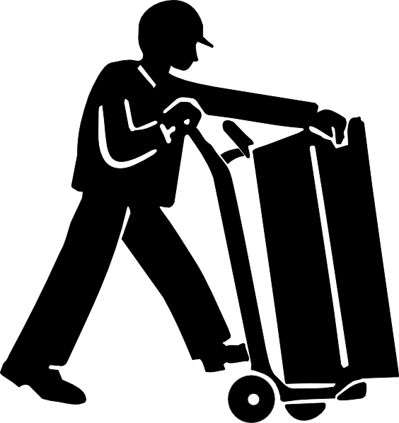 Worker pushing a hand truck loaded with a large box, silhouette illustration.