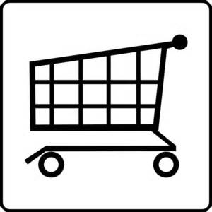 Black line-art shopping cart icon on white background, symbolizing e-commerce and online purchasing.