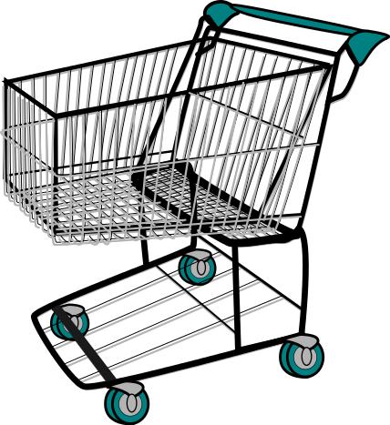 Empty wire-frame shopping cart with teal handle and wheels, angled view on white background.