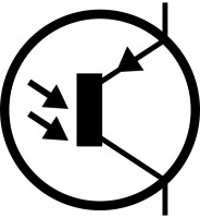 Symbol depicting a photodiode with incoming light rays and output current direction.