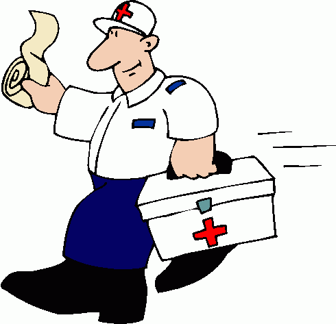 Cartoon paramedic running with first aid kit and medical chart.
