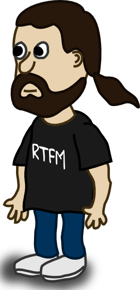 Cartoon man with beard and ponytail wearing black "RTFM" t-shirt, blue jeans, and white sneakers.