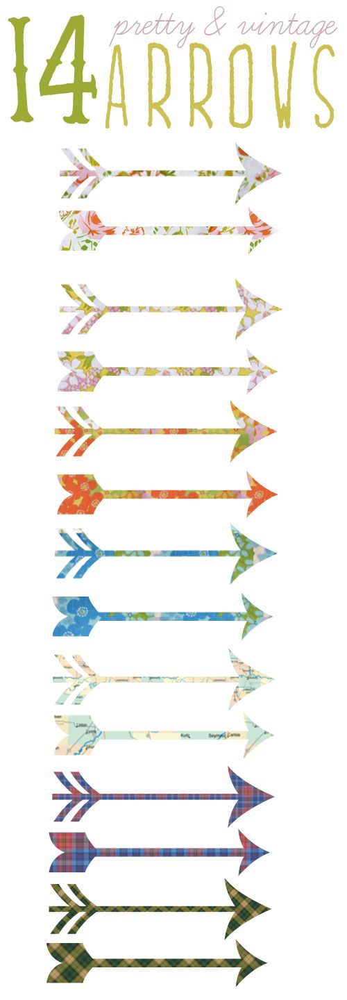 Fourteen decorative arrows with floral, plaid, map, and vintage patterns arranged vertically on white background.