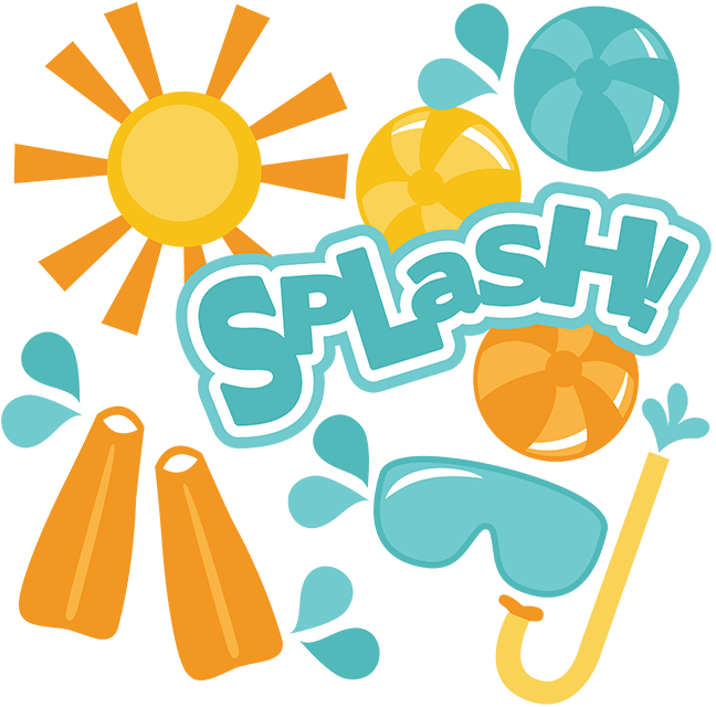 Vibrant summer splash graphic with sun, beach balls, goggles, and bold "Splash!" text in playful colors.