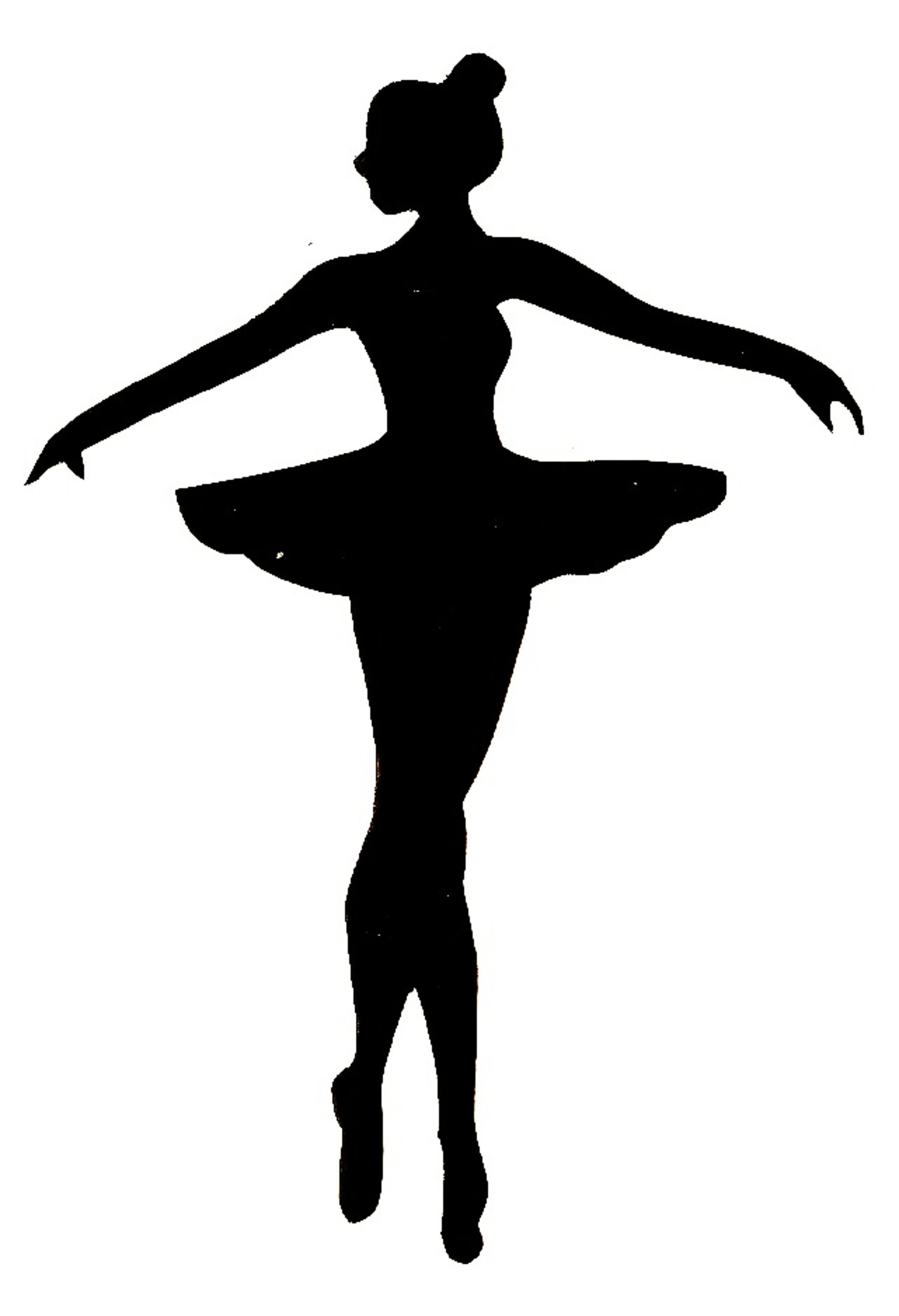 Silhouette of a ballerina in arabesque pose with arms extended and tutu flared, captured in elegant black against white.