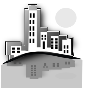 Stylized grayscale city skyline with buildings partially submerged underwater, symbolizing sea-level rise or urban flooding.