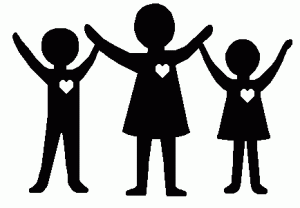 Three black silhouette figures-adult and two children-holding hands with heart symbols on chests, symbolizing family love and unity.