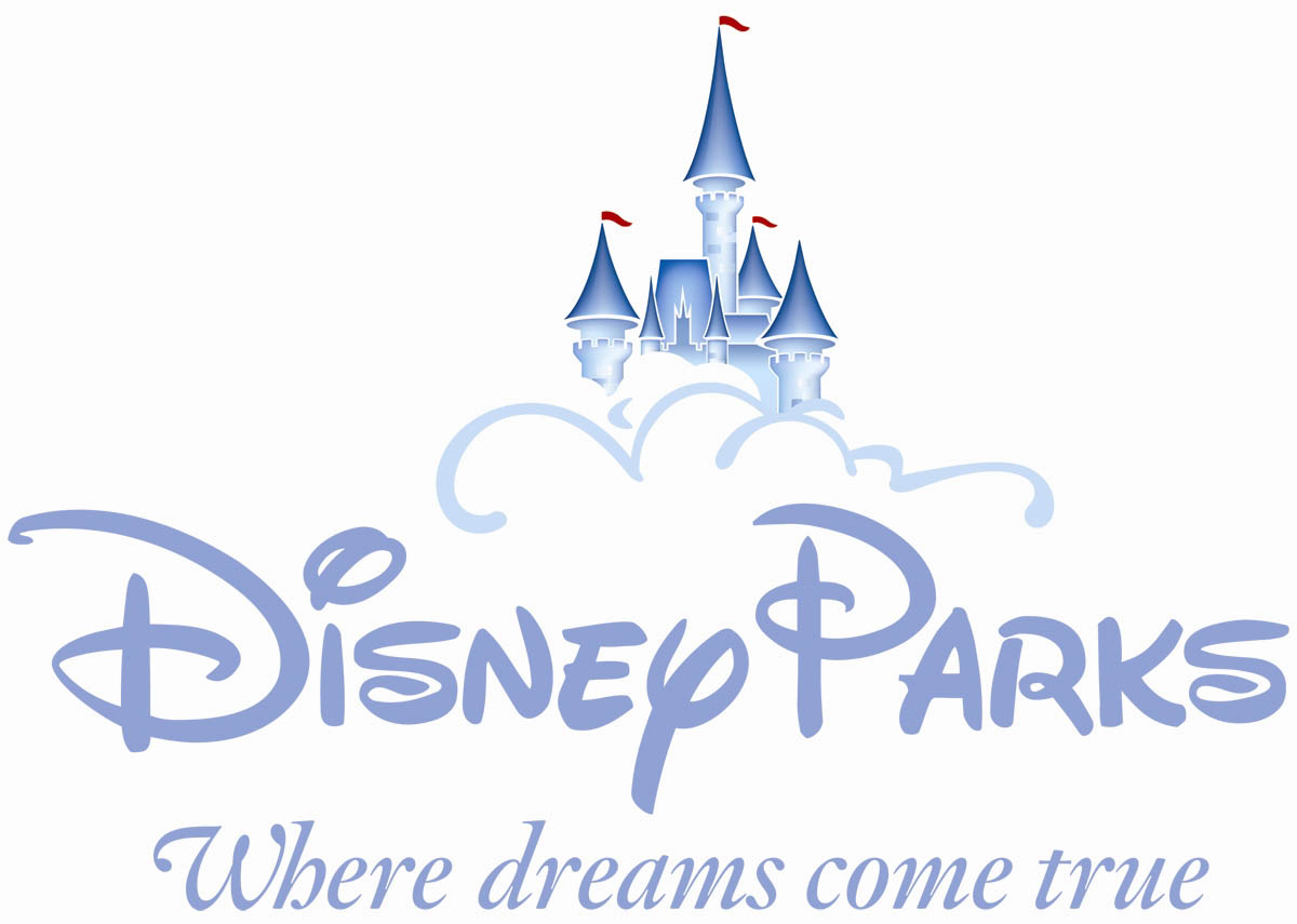 Disney Parks logo featuring a blue fairy-tale castle with red flags above stylized "Disney Parks" text and tagline "Where dreams come true".
