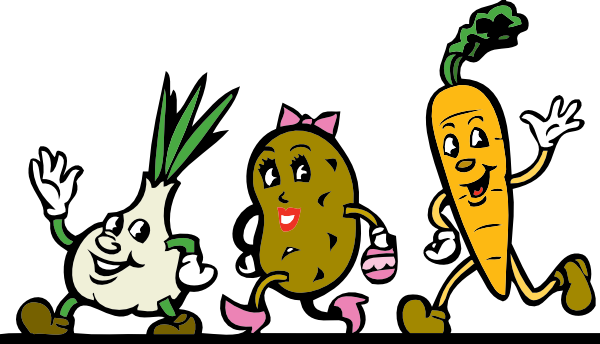 Three cheerful anthropomorphic vegetables-onion, potato, and carrot-running and waving with friendly expressions.