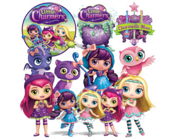 Little Charmers animated characters and magical pets in vibrant, whimsical poses with show logos.