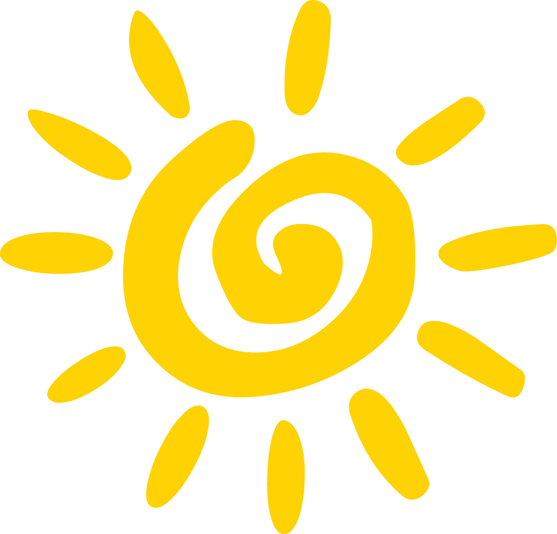 Bright yellow stylized sun with spiral center and radiating rays on white background.