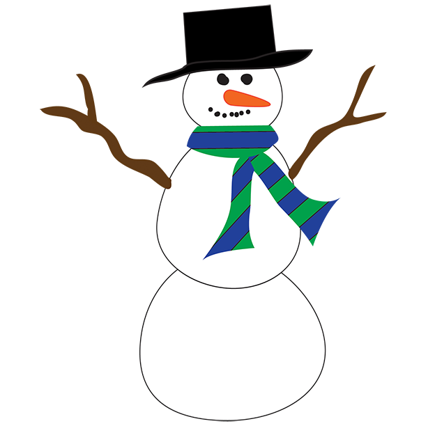 Cheerful snowman wearing a black top hat and green-blue striped scarf, with carrot nose and coal eyes.