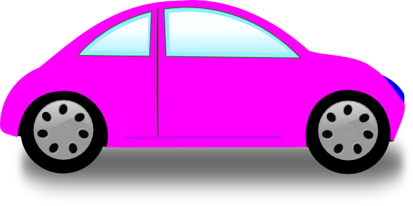 Bright pink cartoon-style sedan with silver wheels on a gray platform, isolated on white background.