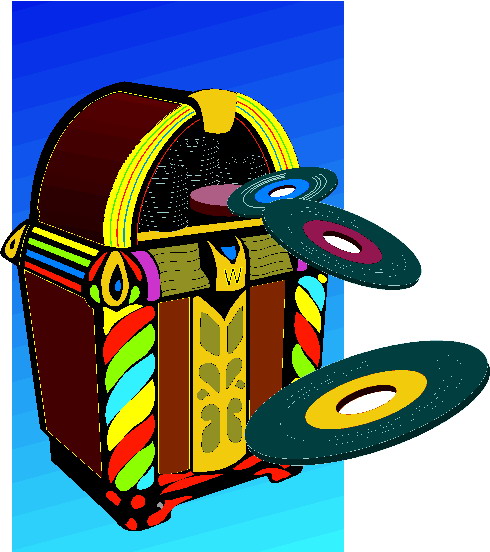Vibrant retro jukebox with colorful stripes and spinning vinyl records against a blue gradient background.