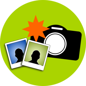 Green circular icon with black camera, two photo prints showing silhouettes, and an orange starburst flash effect.