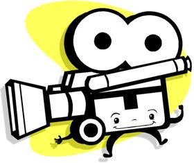 A cheerful cartoon camera character with big eyes, holding a film reel and running playfully against a yellow background.