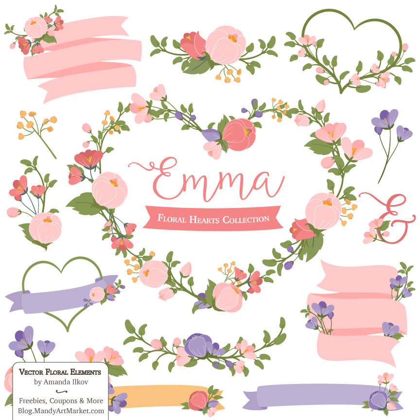 Floral hearts collection with pink, purple, and yellow blossoms, ribbons, and decorative elements for design projects.