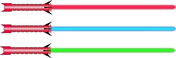 Three stylized lightsabers-red, blue, and green-with red hilts and black accents, arranged horizontally on white background.