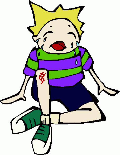 Crying cartoon boy with spiky yellow hair, striped shirt, and a red tattoo on his leg, sitting on the floor.