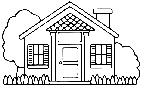 Simple black-and-white line drawing of a charming cottage with shutters, chimney, and trees.