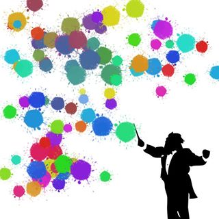 Silhouette of a conductor directing a burst of colorful paint splatters, symbolizing creative energy and artistic expression.