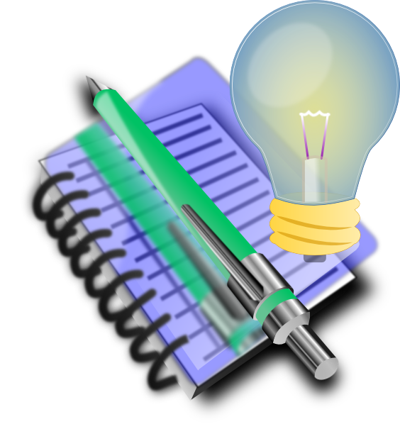 Spiral notebook with green pen and glowing lightbulb symbolizing creativity and idea generation.